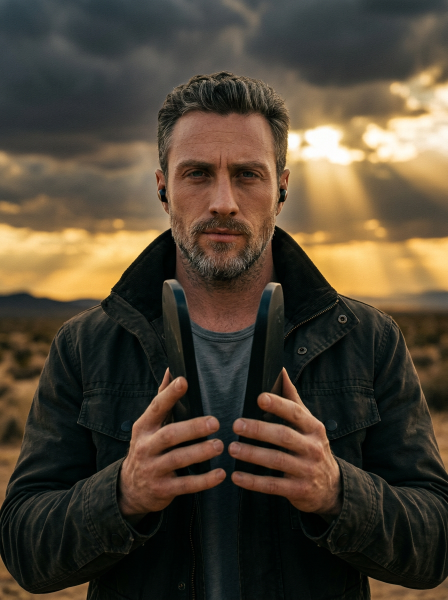Aaron holding stone tablets under a rays-of-light sky.