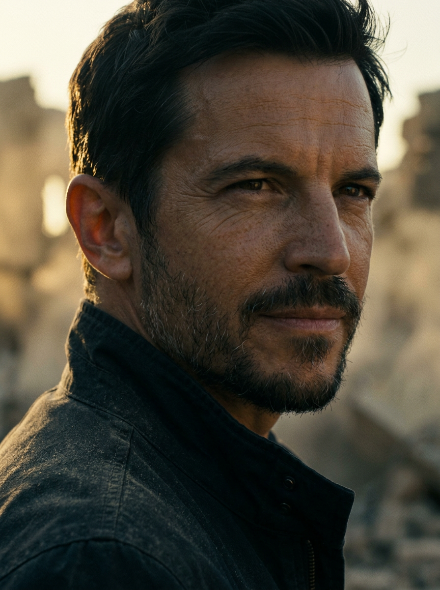 Joshua at golden hour among ruins.