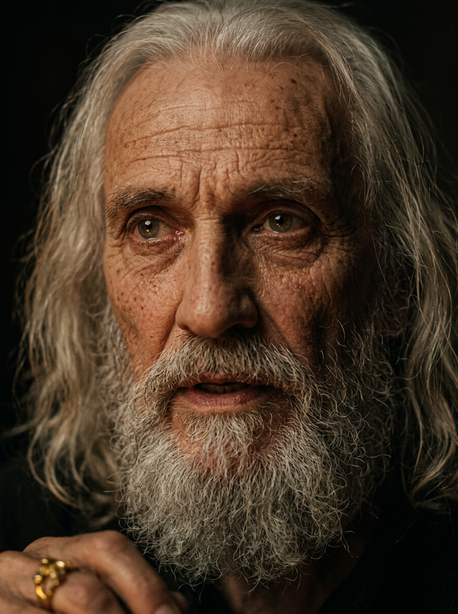 Solomon, aged, silver-bearded, gold ring visible.