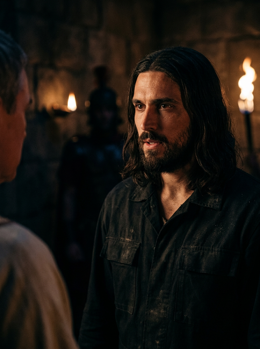 Jesus in torchlit chamber, speaking to a hooded figure.