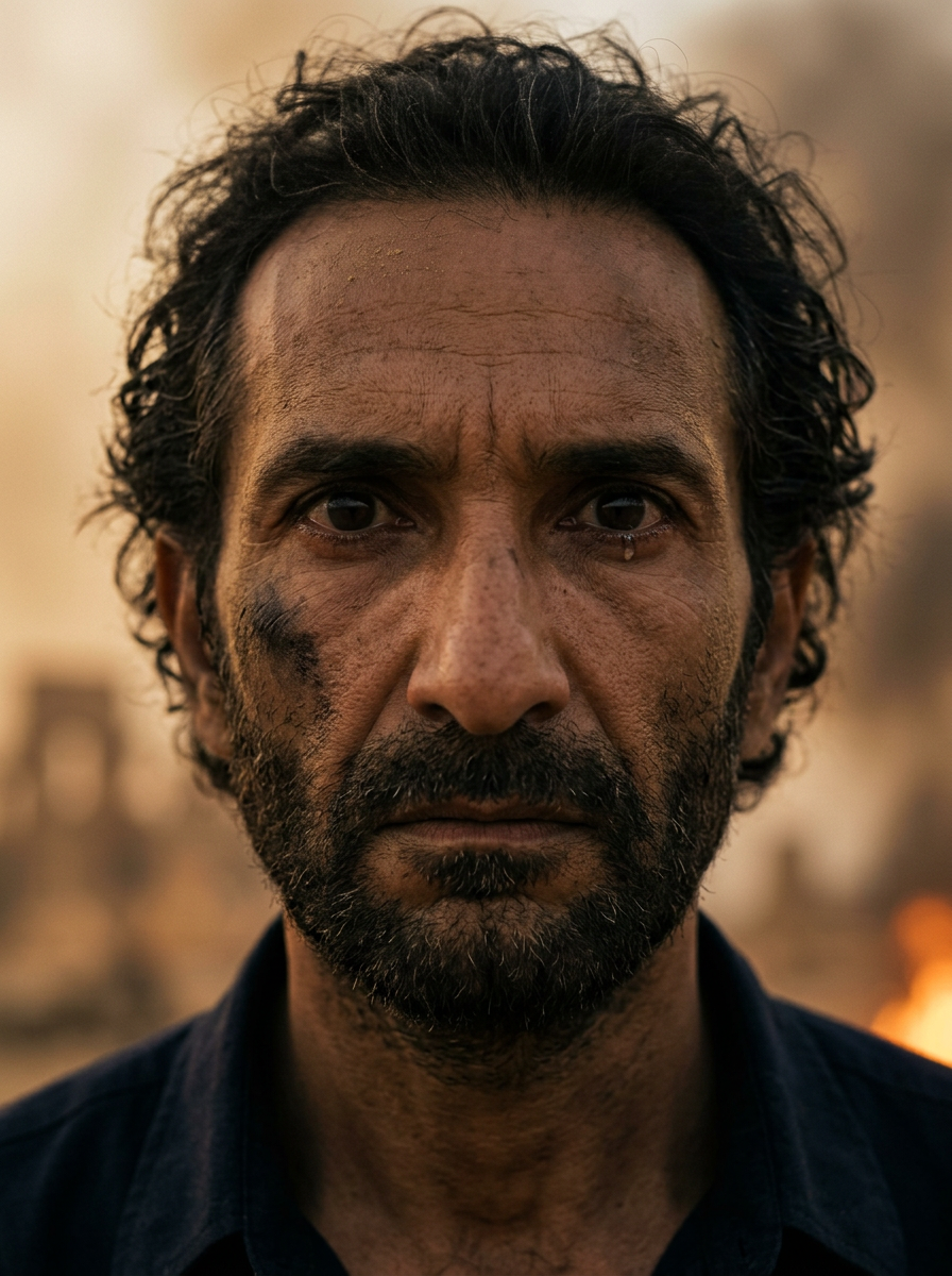 Moses, ash-marked, staring past the camera after the plague.