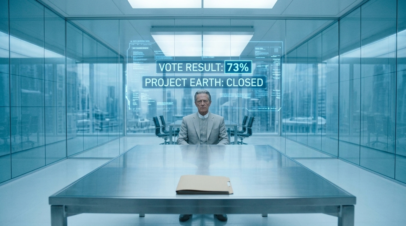 A sealed boardroom display showing the vote result to close Earth.