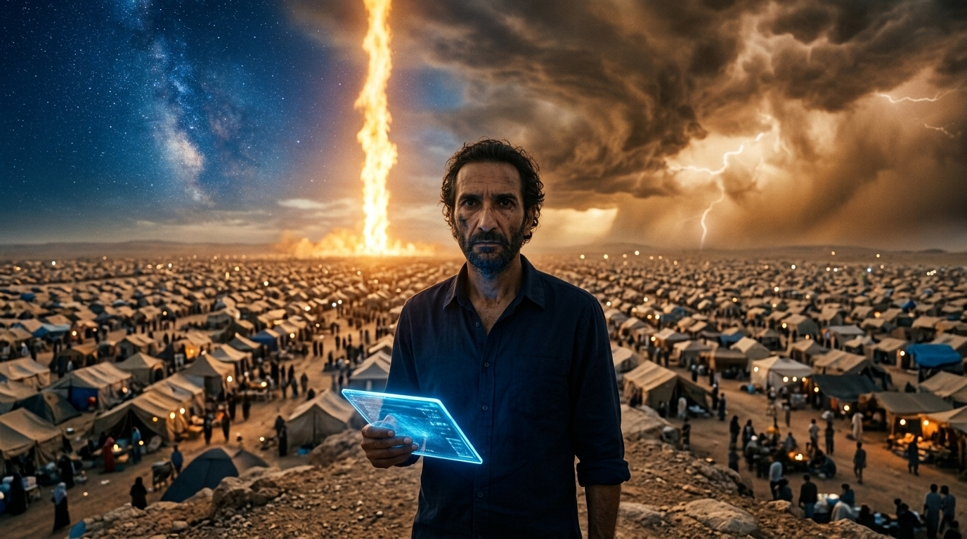 Moses overlooking a vast encampment while a vertical burst of light tears through the sky.