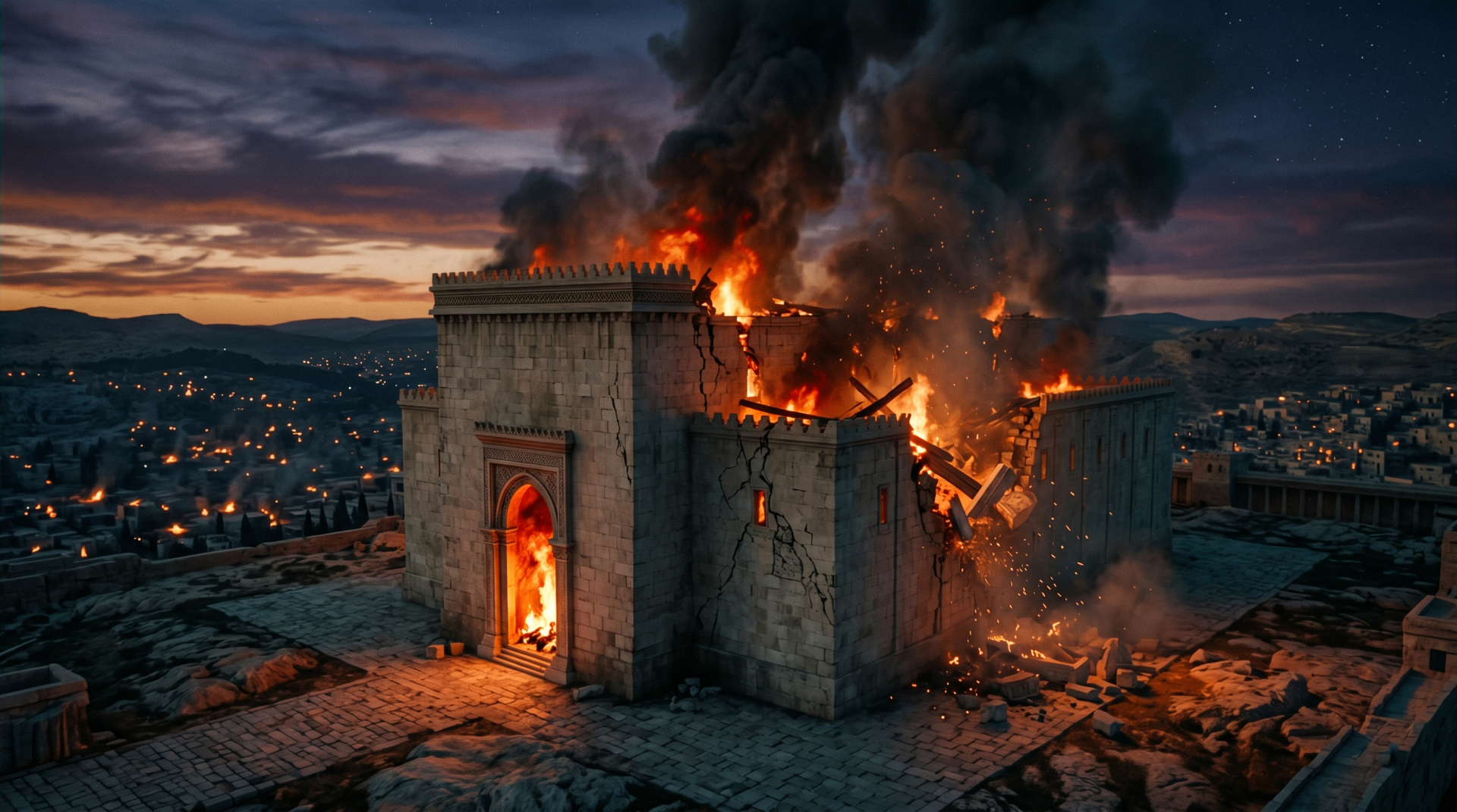 The Temple burning at dusk above a city filled with scattered fires.