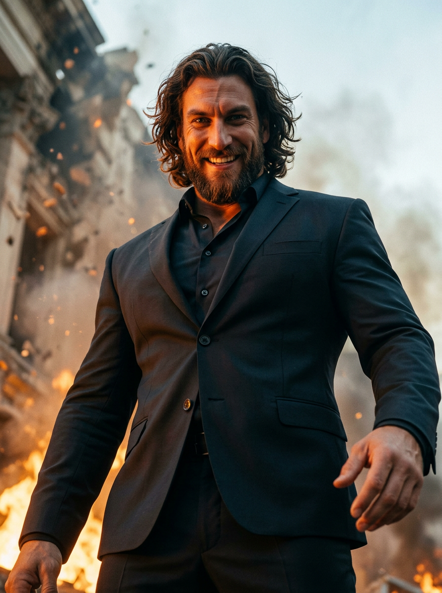 Samson smiling before a collapsing temple, embers in the air.