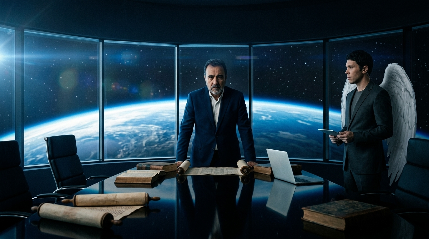 YHVH and Rafa in an orbital boardroom above Earth.